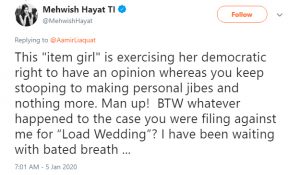 Mehwish Hayat tweet reply to Amir