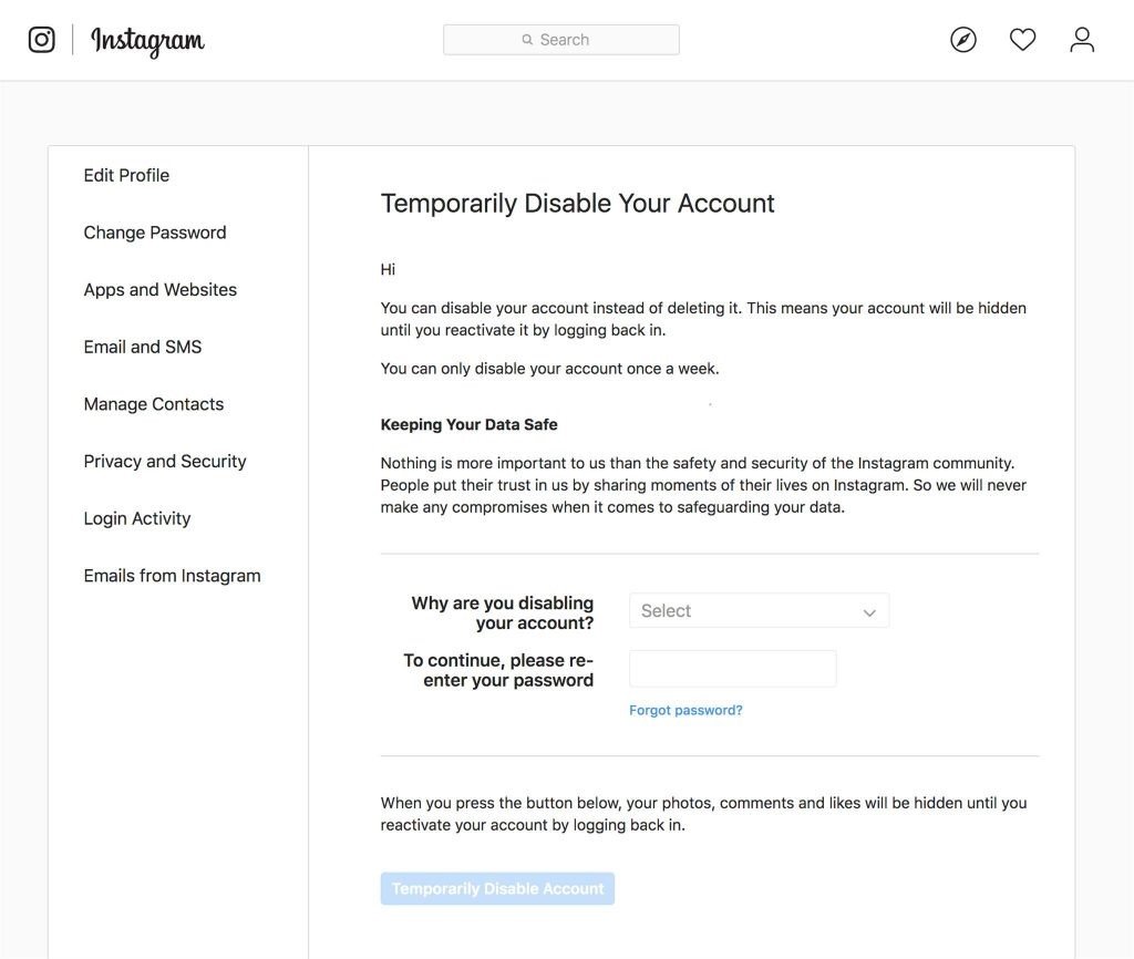 How to deactivate Instagram temporarily