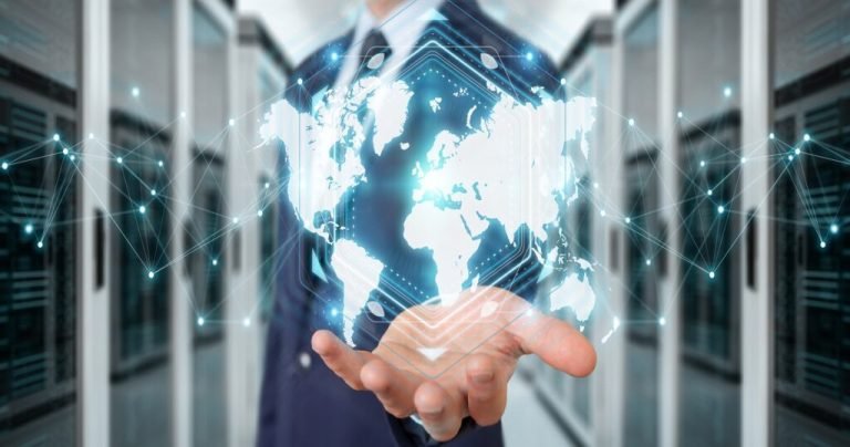 Businessman using digital world map interface 3D rendering