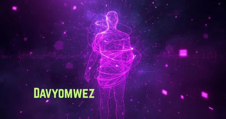 Davyomwez digital human silhouette surrounded by glowing purple energy streams and data particles on dark background